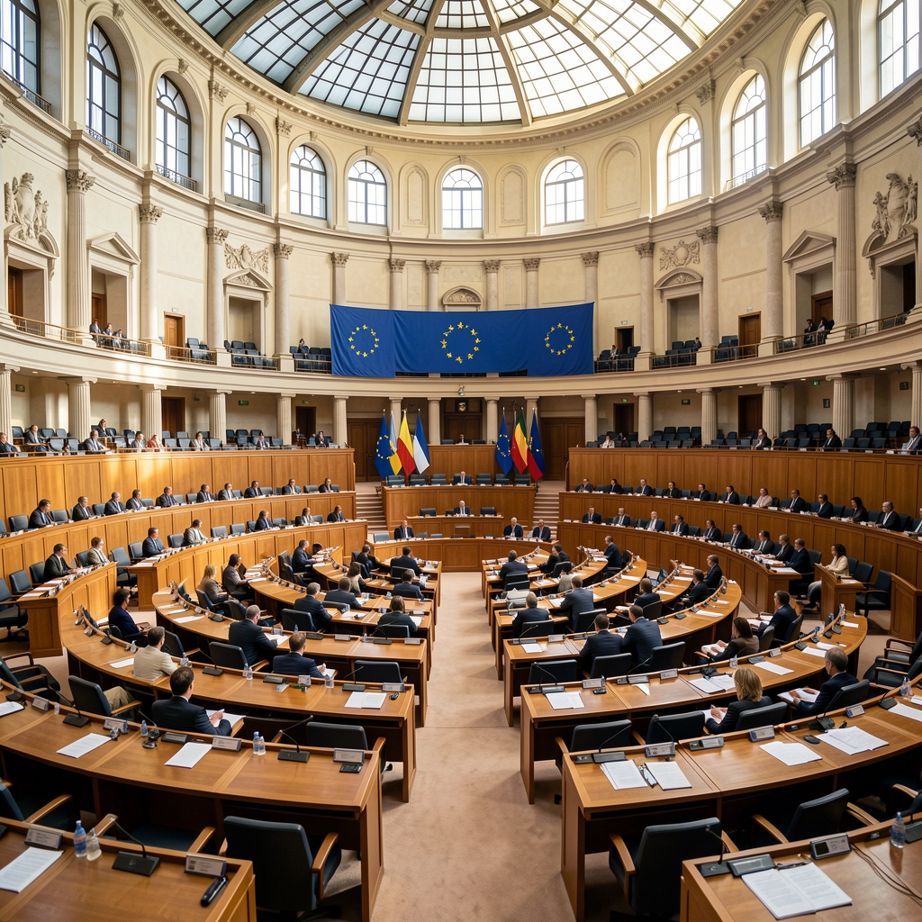 Европски парламент у Стразбуру — пленарна сала са заставама земаља чланица, широки кадар