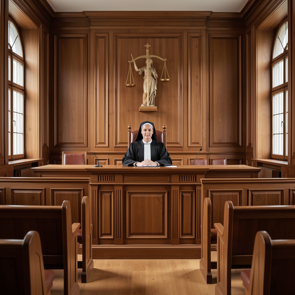 Судница у суду — судијска клупа са дрвеним ентеријером, симбол правде у позадини